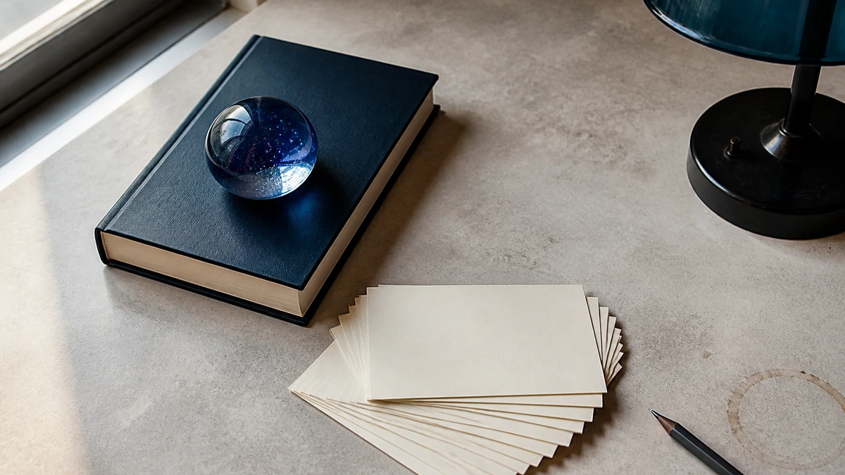 Livro fechado com peso de vidro azul e fichas em branco sobre mesa clara, com abajur azul