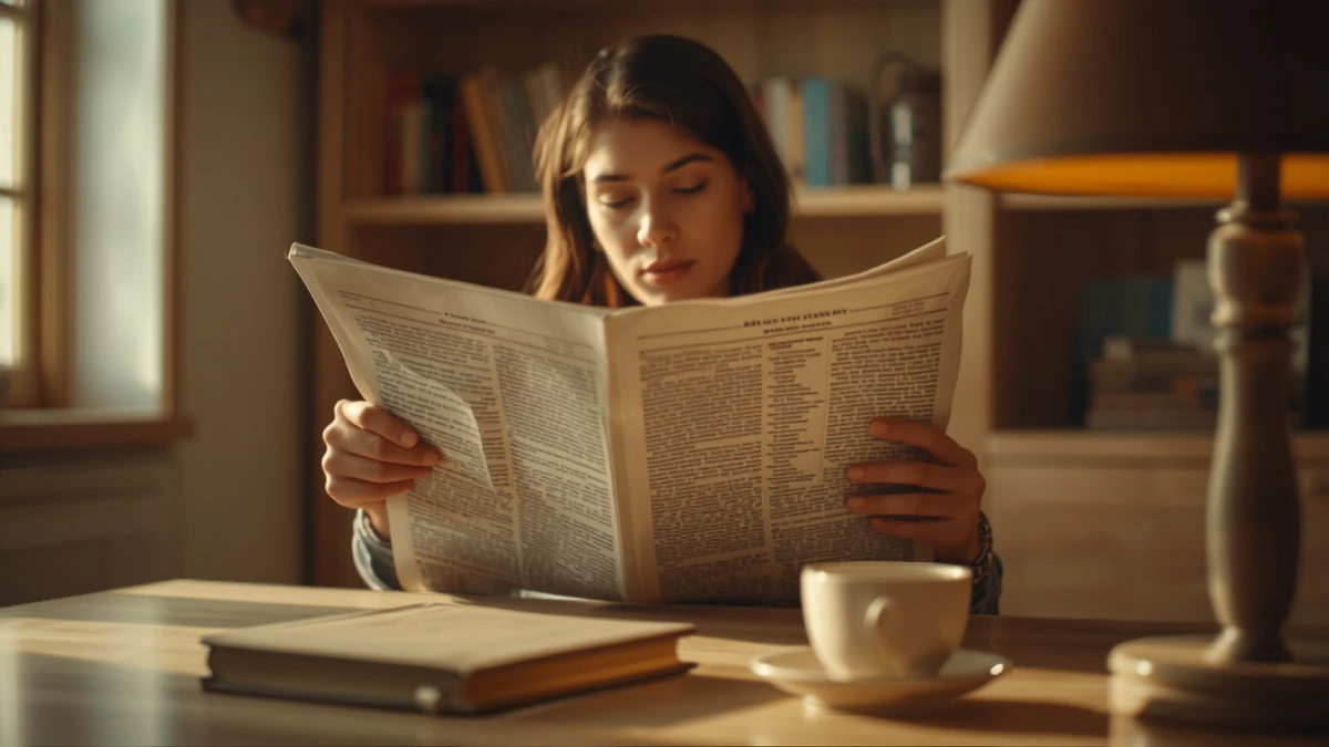 Mulher lendo um jornal aberto à luz da manhã numa sala de leitura com estantes de madeira, livro fechado, xícara e abajur aceso sobre a mesa