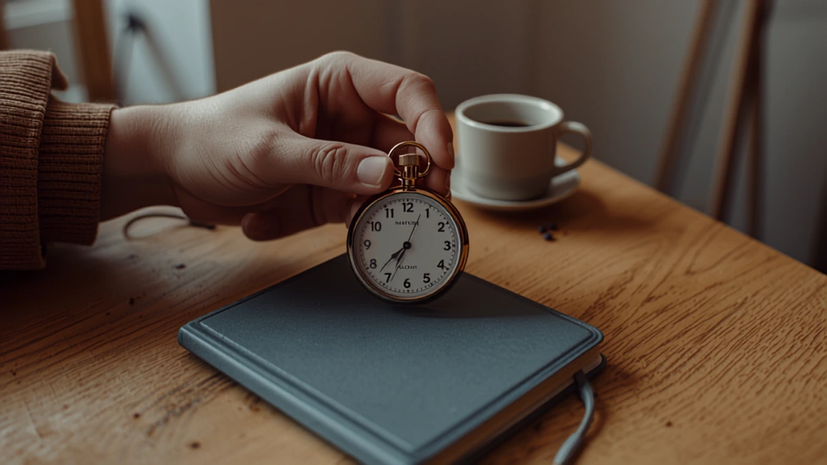 Mão em suéter marrom segurando um relógio de bolso dourado sobre caderno cinza fechado, mesa de madeira clara e xícara de café ao fundo