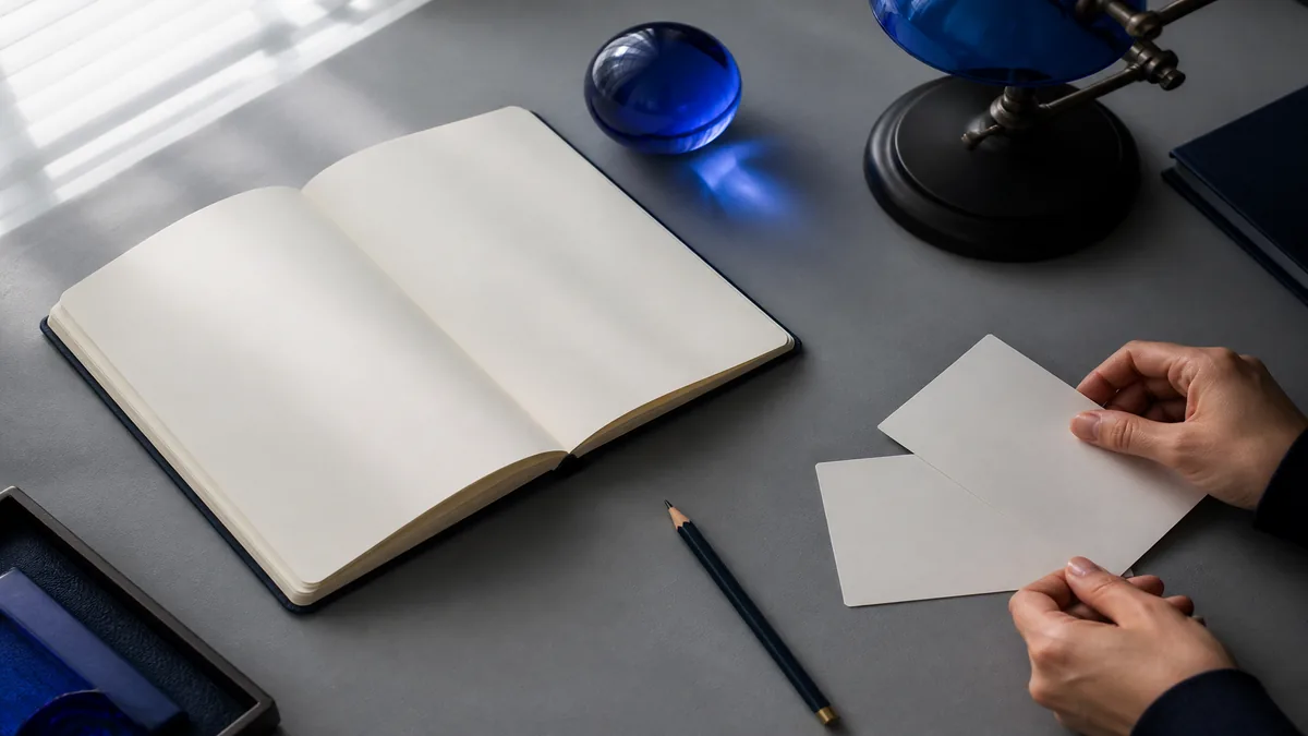 Mesa de trabalho com caderno em branco, cartas em branco, peso de vidro azul e lâmpada azul