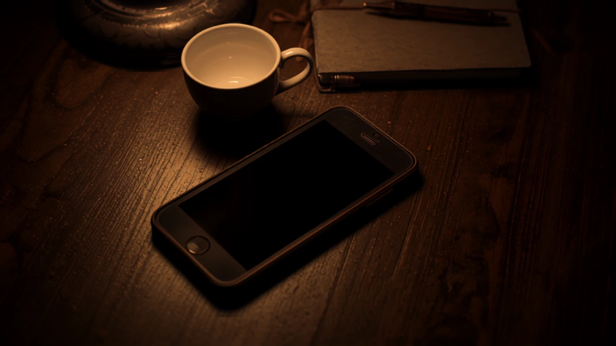 Celular desligado sobre mesa escura ao lado de xícara vazia e caderno fechado