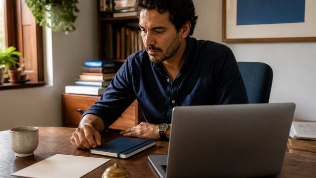 Homem de camisa azul em mesa de madeira, notebook fechado e laptop de lado, luz de janela
