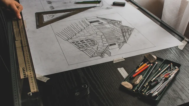 Prancheta de desenho técnico com régua de escala, esquadro e estojo de lápis aberto sobre mesa escura, com um desenho a lápis preso por fitas