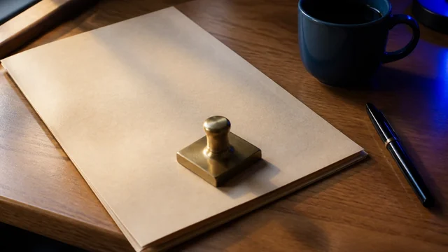 Pasta manila fechada sobre mesa de madeira, com peso de papel de latão, caneta-tinteiro preta e caneca azul, iluminados por luz de janela