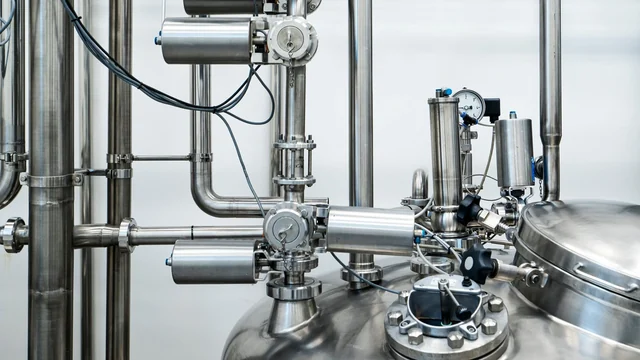 Tubulações, válvulas e tanque de aço inox em uma linha industrial, com cabos e um manômetro, sobre fundo claro