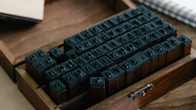 Caixa de madeira com carimbos de letras avulsas sobre uma mesa de madeira