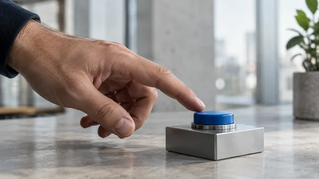 Mão prestes a pressionar um único botão físico azul sobre painel metálico