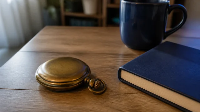 Relógio de bolso fechado de latão sobre mesa de madeira clara, com caderno e caneca, luz de janela