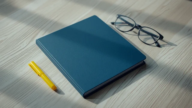 Caderno de capa azul-marinho fechado sobre mesa de madeira clara, com caneta amarela e óculos pretos ao lado, luz natural atravessando persianas