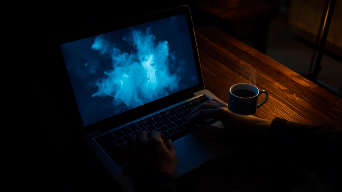 Mãos digitando em um notebook à noite, com a tela desfocada emitindo um brilho azul e uma xícara de café ao lado sobre uma mesa de madeira iluminada por um abajur quente