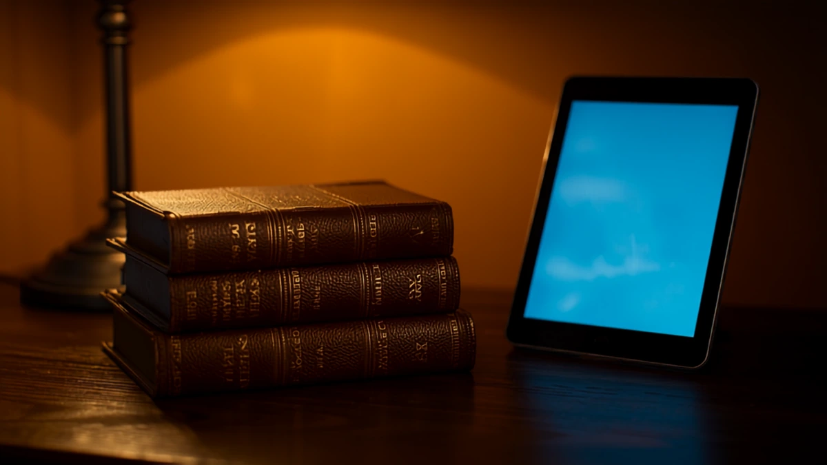 Uma pequena pilha de três volumes antigos de enciclopédia encadernados em couro ao lado de um tablet fino apoiado na vertical com a tela emitindo um brilho azul suave, sobre uma mesa de madeira escura iluminada por luz âmbar