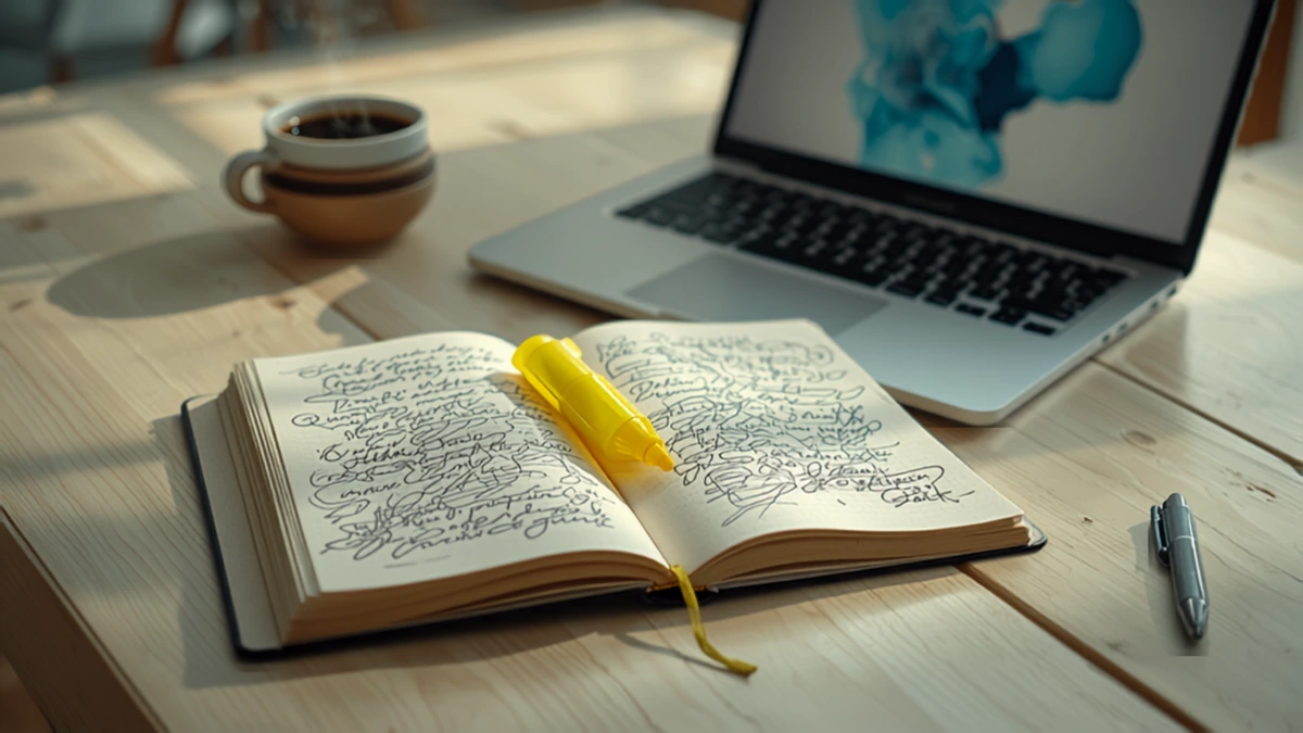 Caderno aberto com anotações manuscritas e um marca texto amarelo sobre uma mesa de madeira clara, ao lado de uma xícara de café e um notebook desfocado ao fundo com a tela em tons abstratos de azul