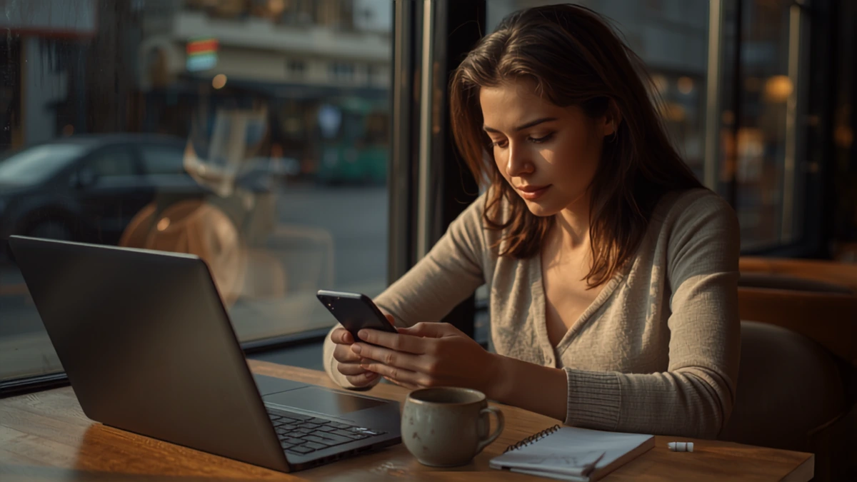 Mulher em cafe com celular e notebook aberto sobre mesa de madeira, luz natural pela janela