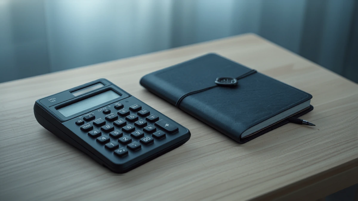 Calculadora de mesa e caderno fechado sobre madeira clara, com luz de janela ao fundo