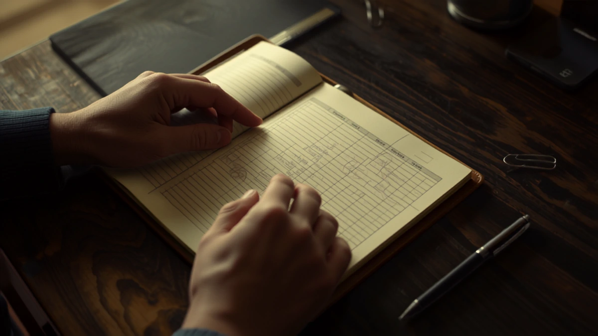 Mãos sobre caderno aberto com grade de planilha impressa, caneta e clipe em mesa de madeira escura