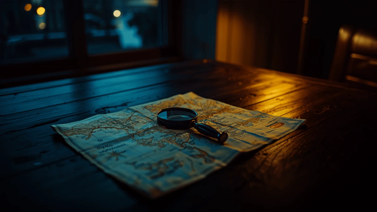 Mesa de madeira escura à noite com um mapa de papel aberto e uma lupa de cabo de latão sobre ele, iluminados por luz azul da janela e por um abajur quente à direita