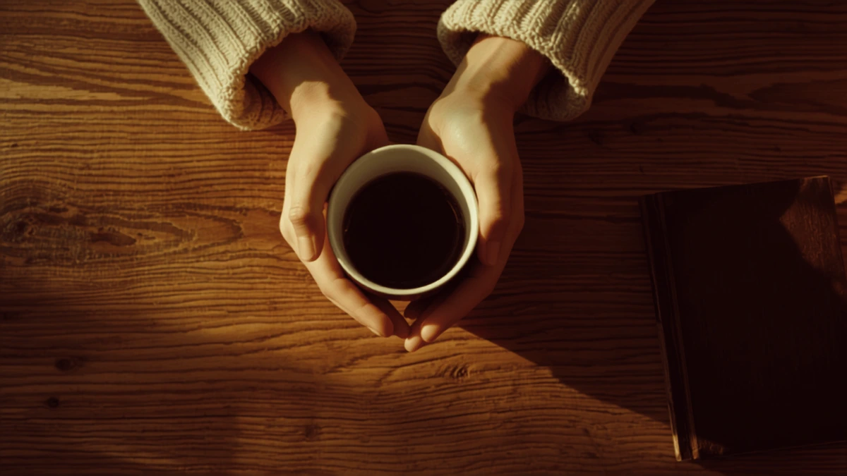 Close de duas mãos segurando uma xícara de café sobre uma mesa de madeira quente, com um caderno fechado ao lado
