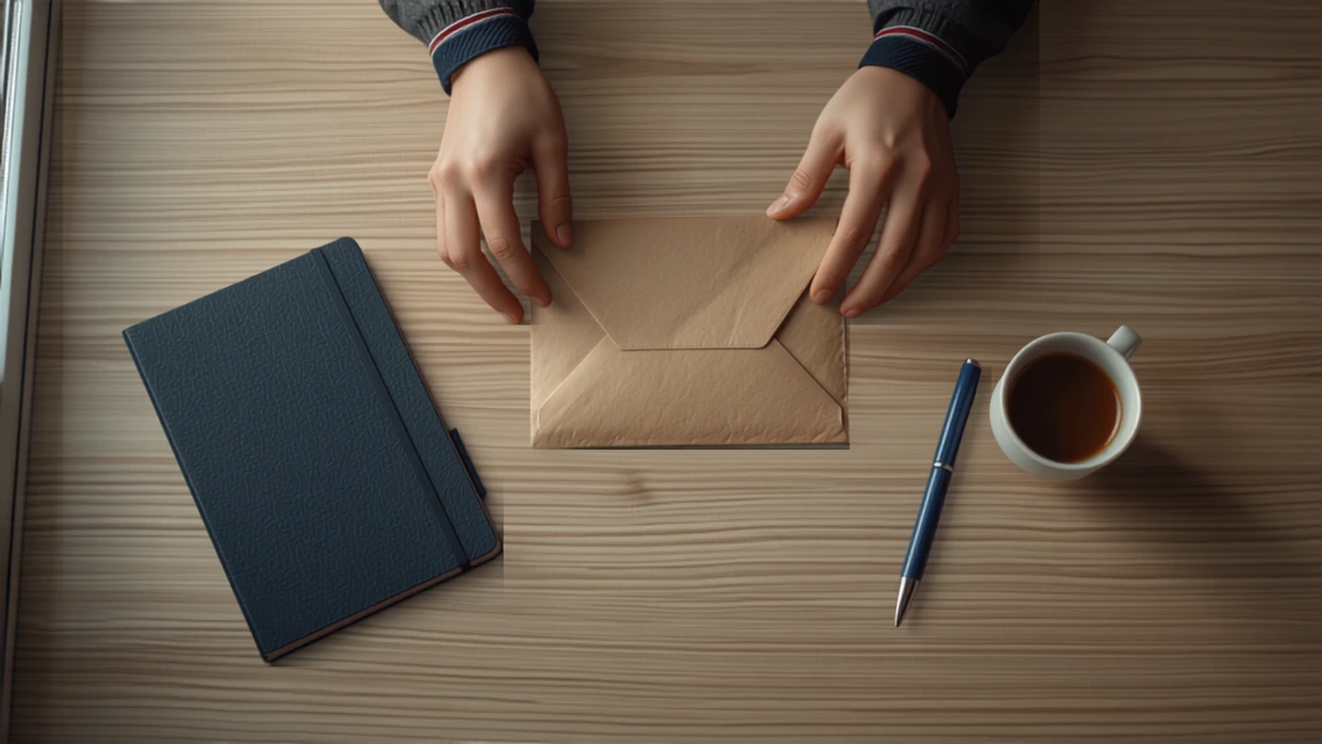 Mãos sobre um envelope de papel kraft lacrado, caderno azul e café sobre mesa de madeira clara