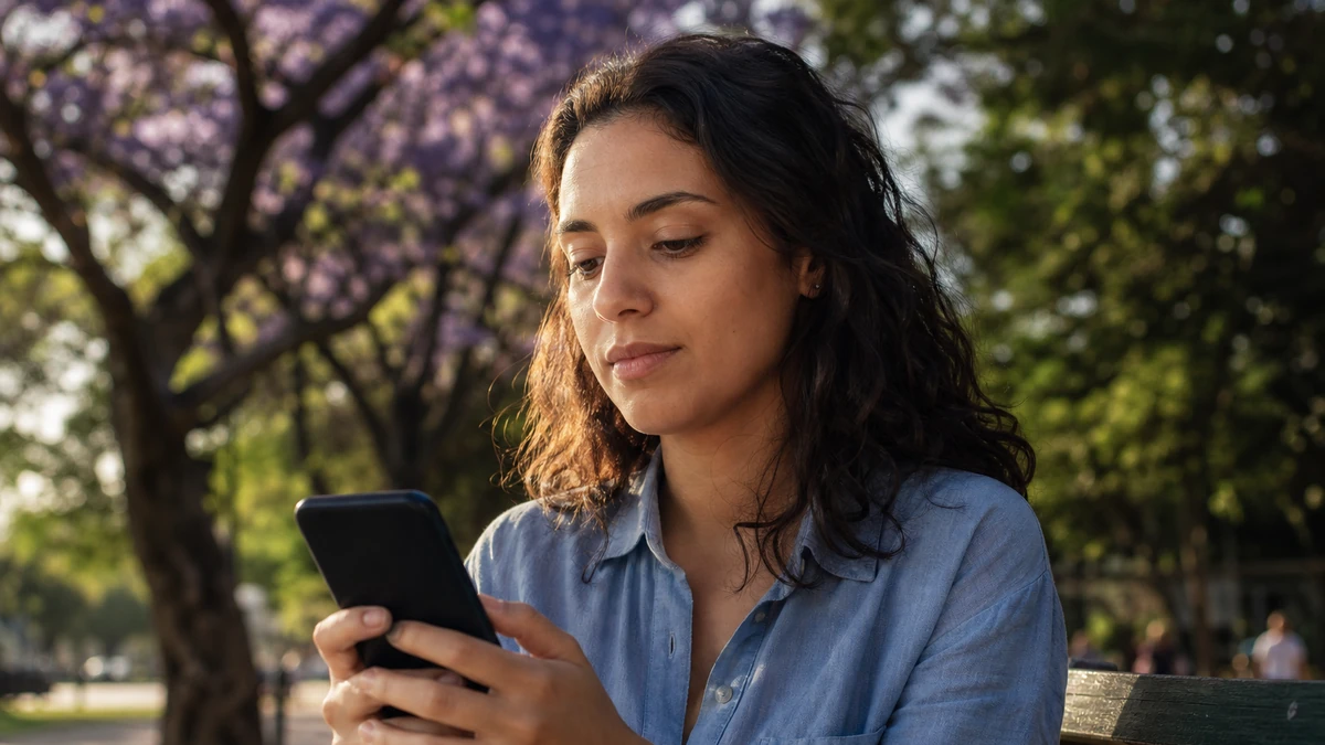 Smartphone com tela apagada sobre mesa de madeira clara, ao lado de bloco de notas e caderno aberto em branco, iluminados por luz natural