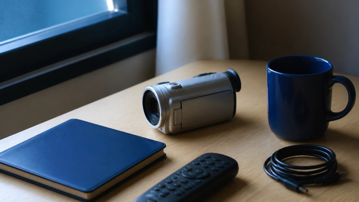 Filmadora compacta prateada sobre mesa de madeira clara, ao lado de caderno azul, controle remoto, caneca azul e cabo enrolado, iluminados por luz de janela