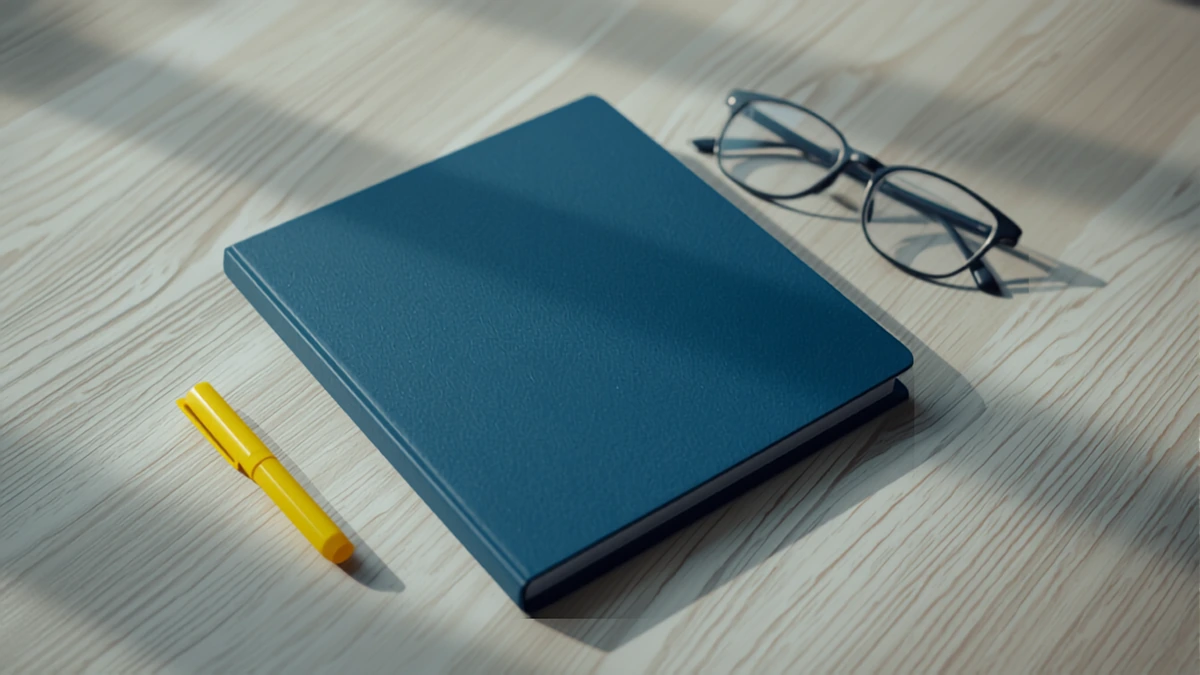 Caderno de capa azul-marinho fechado sobre mesa de madeira clara, com caneta amarela e óculos pretos ao lado, luz natural atravessando persianas