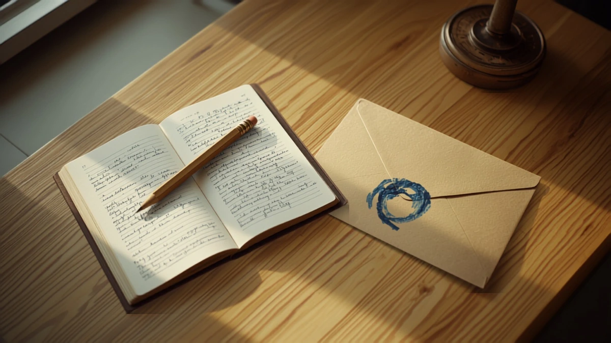 Caderno manuscrito e envelope lacrado com selo azul sobre mesa de madeira clara