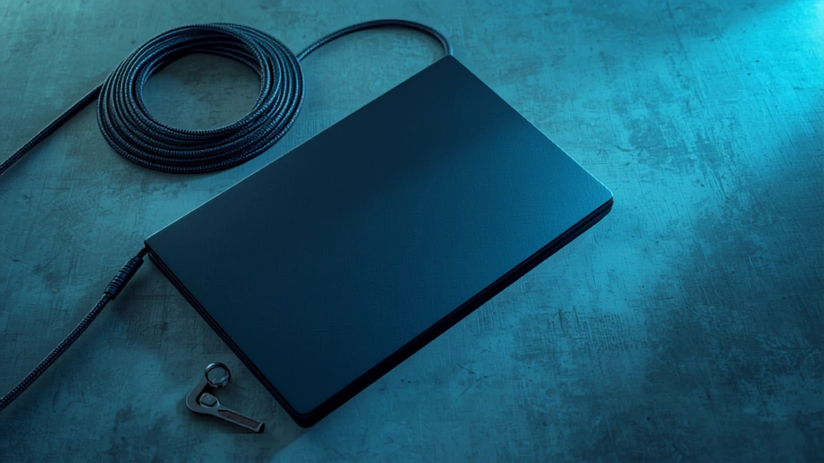 Notebook fechado cinza escuro sobre superfície de concreto, com cabo ethernet enrolado e chave metálica pequena, iluminados por luz azul lateral