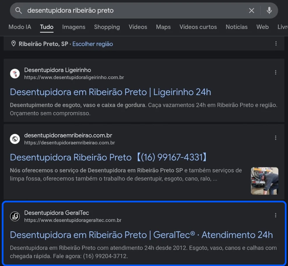Resultados do Google no celular para a busca desentupidora ribeirão preto, com a região Ribeirão Preto, SP: Desentupidora Ligeirinho em 1º, desentupidoraemribeirao.com.br em 2º e a Desentupidora Geraltec em 3º, destacada.