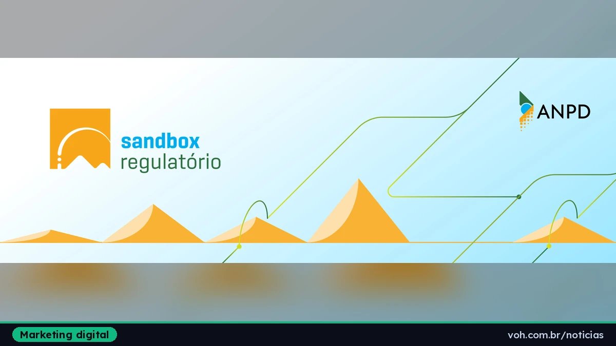 Arte oficial do sandbox regulatório da ANPD, com dunas alaranjadas, linhas em formato de gráfico ascendente e os logotipos do sandbox e da ANPD sobre fundo azul claro