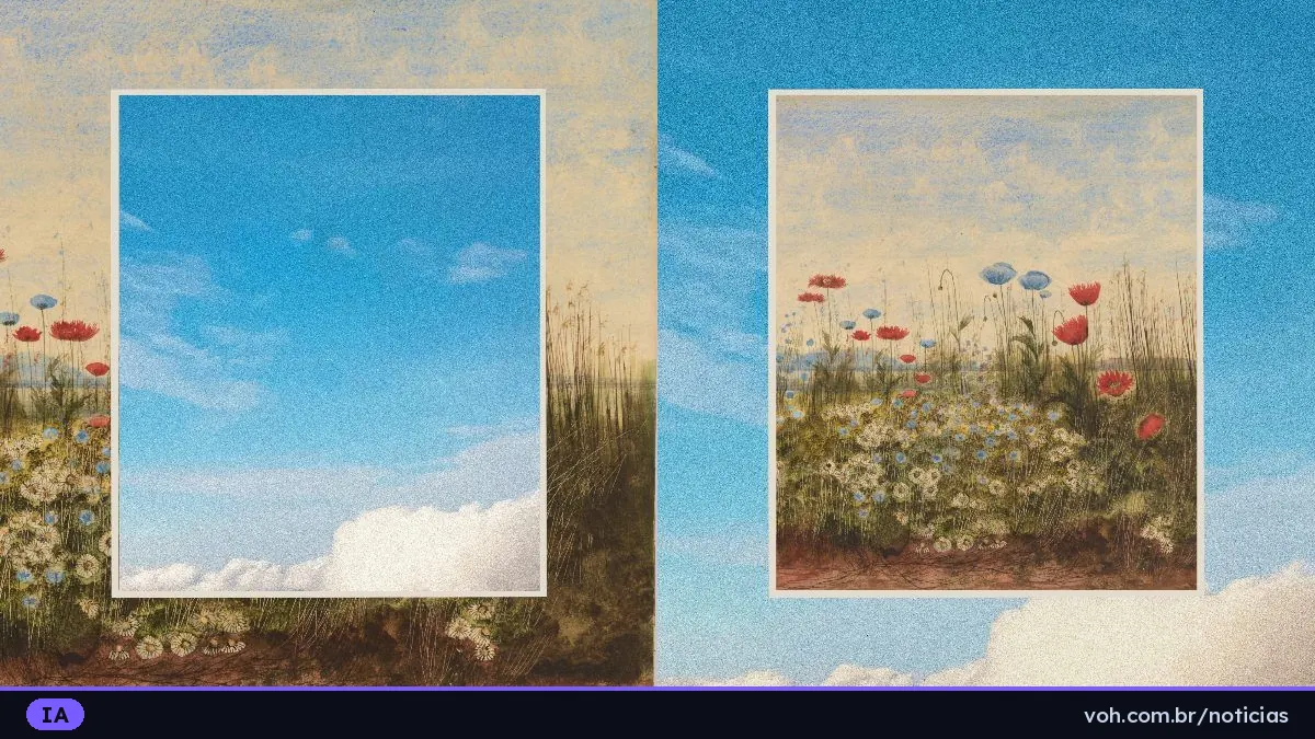 Ilustração com dois painéis emoldurados sobre um fundo de céu azul: um mostra só céu e nuvens, o outro mostra um campo de papoulas vermelhas e margaridas