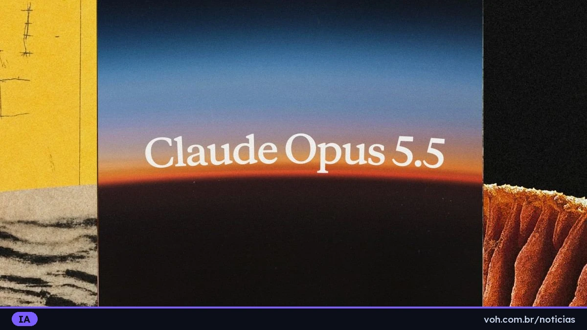 Arte oficial do anúncio com o nome Claude Opus 5.5 sobre um horizonte ao entardecer