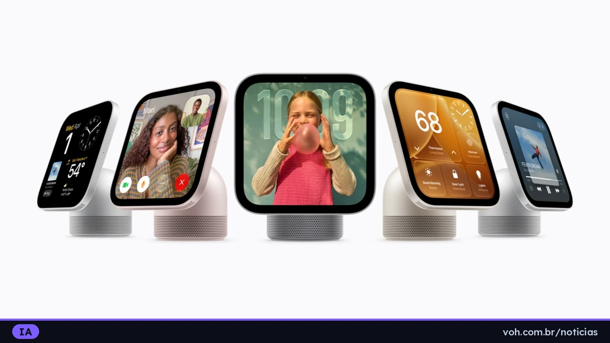 Cinco dispositivos Apple HomeView em cores diferentes sobre fundo branco