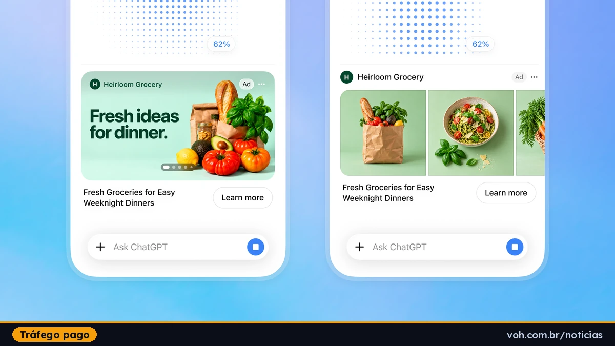 Duas telas do ChatGPT no celular mostram anúncios visuais da marca fictícia Heirloom Grocery, com selo "Ad" e botão "Learn more", ao lado do campo de pergunta do ChatGPT