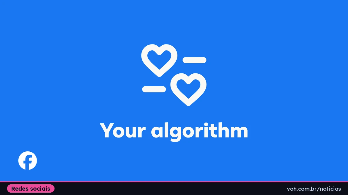 Arte azul com dois ícones de coração e o texto Your algorithm, com o logo do Facebook no canto inferior esquerdo