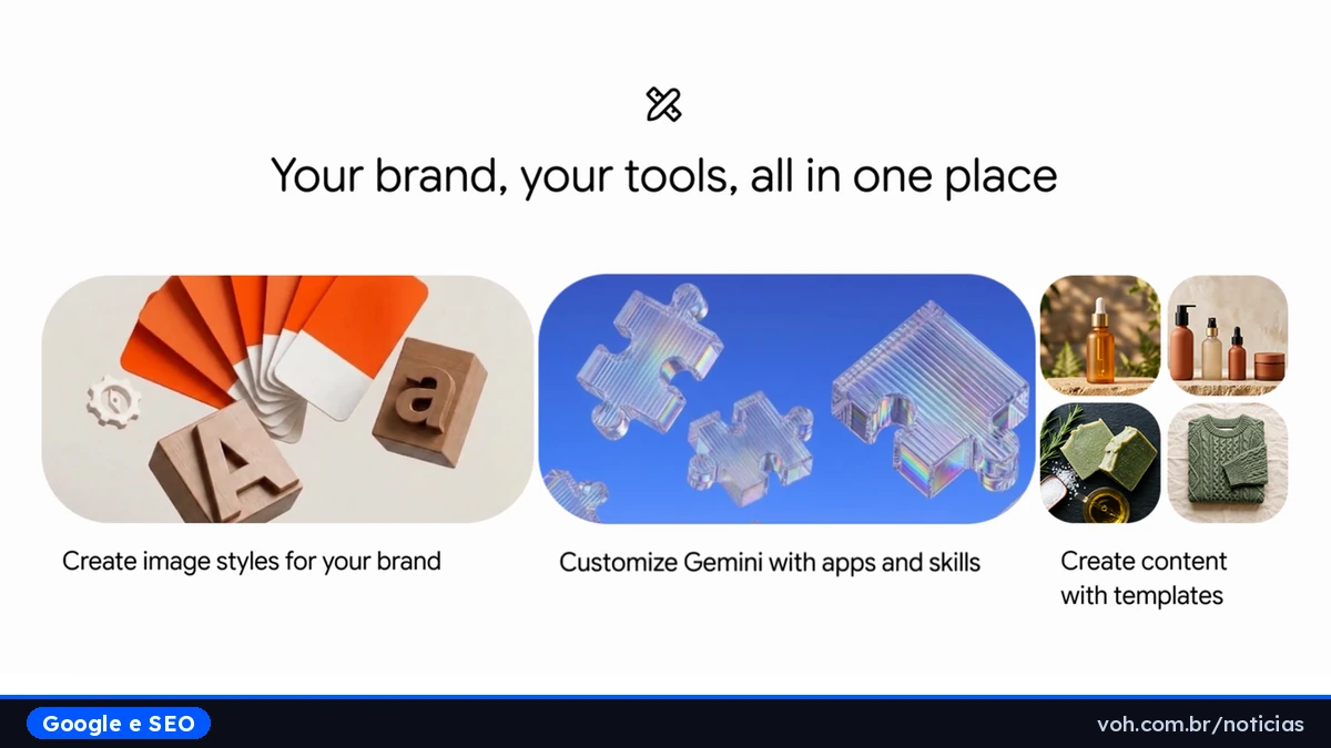 Tela do app Gemini mostrando a nova página de negócios, com opções de marca, finanças e clientes