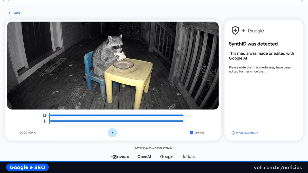 Tela do SynthID Detector mostrando um vídeo de um guaxinim e o aviso de que o conteúdo foi feito ou editado com IA do Google