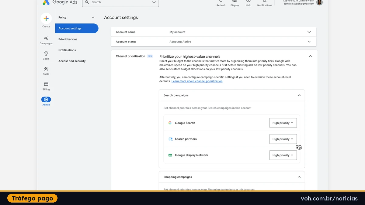 Painel do Google Ads mostrando a configuração de priorização de canal, com níveis de prioridade alta e baixa