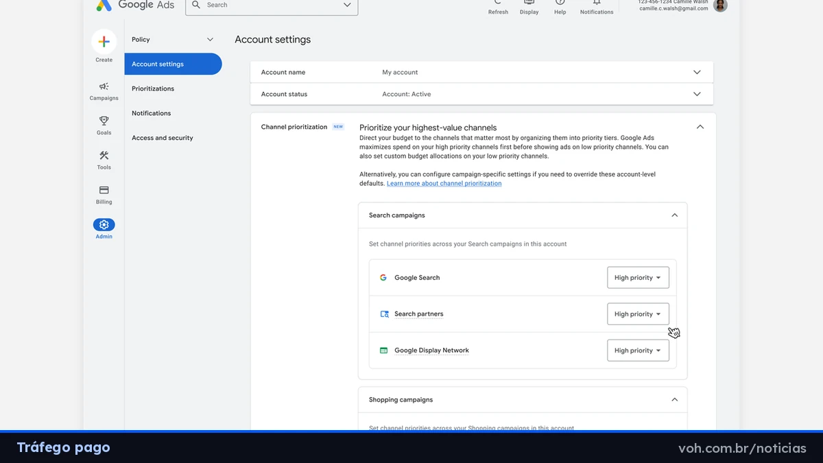 Captura de tela do painel de configurações da conta no Google Ads, com a seção de priorização de canais