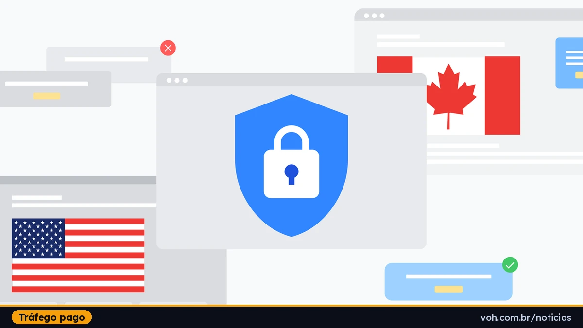 Ilustração de um escudo azul com cadeado sobre janelas de navegador, com as bandeiras dos Estados Unidos e do Canadá ao fundo