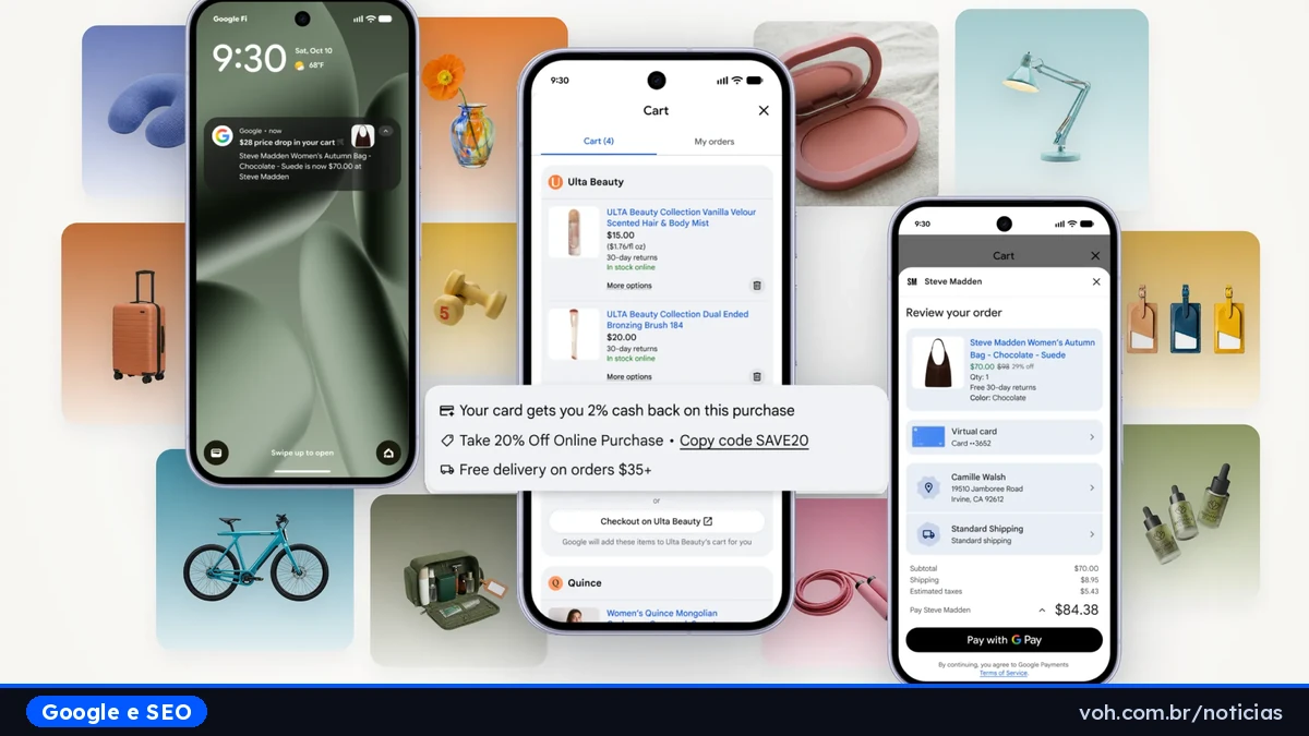Interface do Carrinho Universal do Google, com produtos de diferentes lojas reunidos num mesmo carrinho