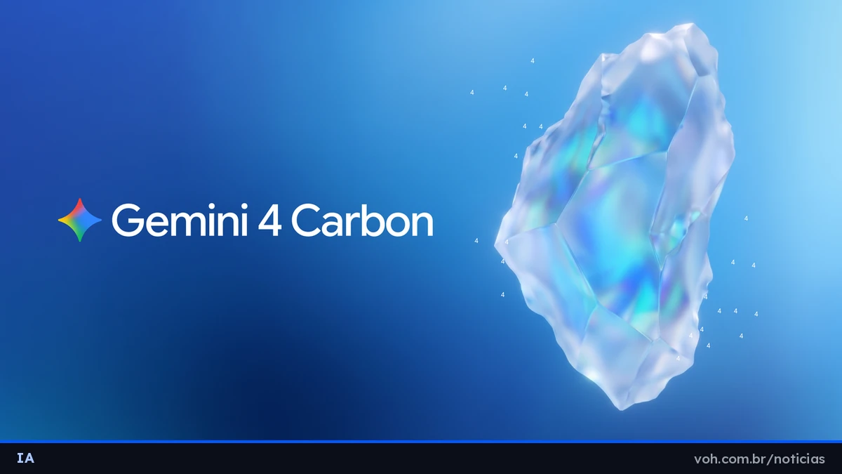 Arte oficial do Gemini 4 Carbon: um cristal translúcido e iridescente flutuando sobre fundo azul, ao lado do nome do modelo