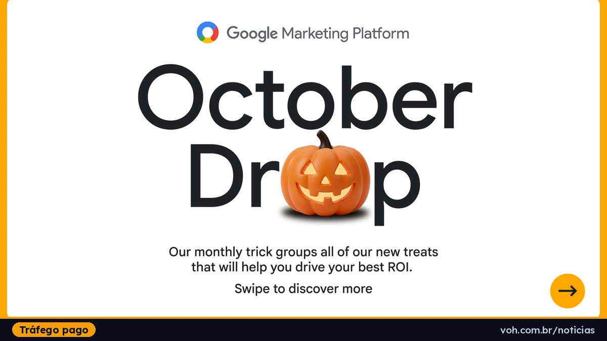Arte do Google Marketing Platform com o título 'October Drop' e uma abóbora de Halloween decorativa, em fundo branco com borda laranja