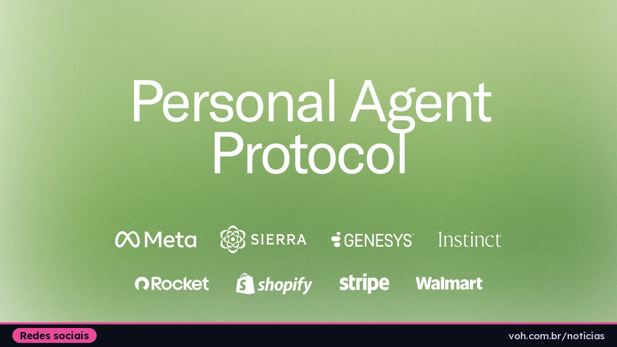 Arte oficial do anúncio do Personal Agent Protocol, com o nome do padrão e os logotipos da Meta, Sierra, Genesys, Instinct, Rocket, Shopify, Stripe e Walmart sobre fundo verde