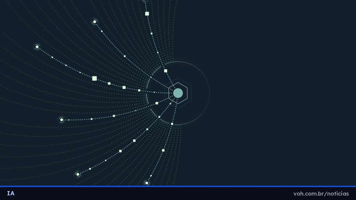 Ilustração abstrata em azul escuro e verde-água, com várias linhas pontilhadas convergindo de fora da imagem para um hexágono central