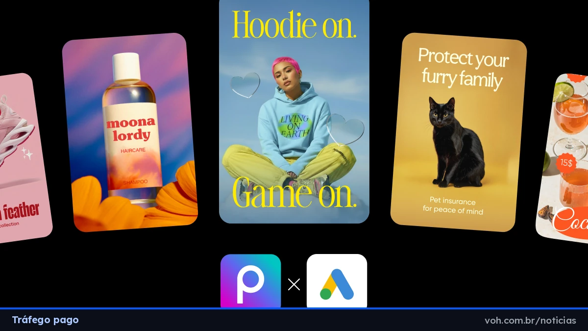 Composição com cinco anúncios feitos na Picsart (tênis, xampu, moletom, seguro para animal de estimação e coquetel) sobre fundo preto, com os logotipos da Picsart e do Google Ads lado a lado