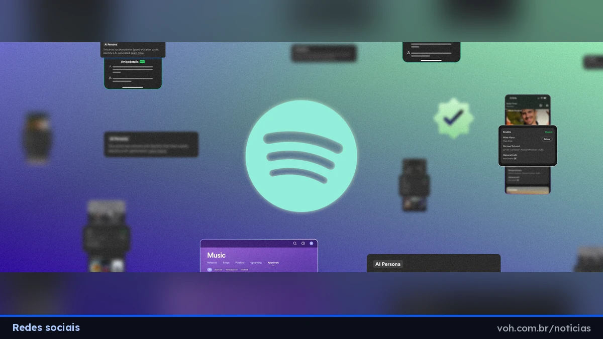 Logo do Spotify ao centro, cercado por elementos da interface do aplicativo com o rótulo AI Persona, o selo de verificação e uma lista de créditos de faixa