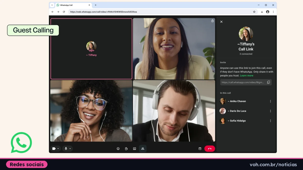 Pessoa participando de uma ligação de vídeo pelo WhatsApp em um notebook, usando um link de convidado